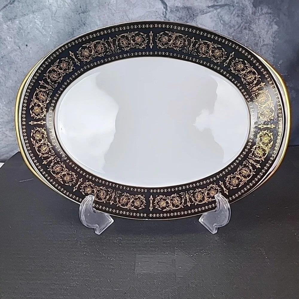 Vintage Fashion Manor Rhapsody Fine China Oval Serving‎ Platter Black Gold Japan